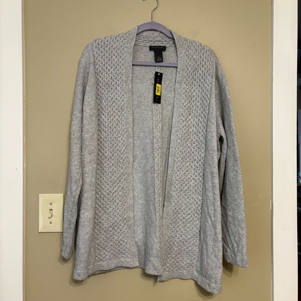 Investments Womens Grey Open Front Knit Cardigan Cotton Blend Large NWT